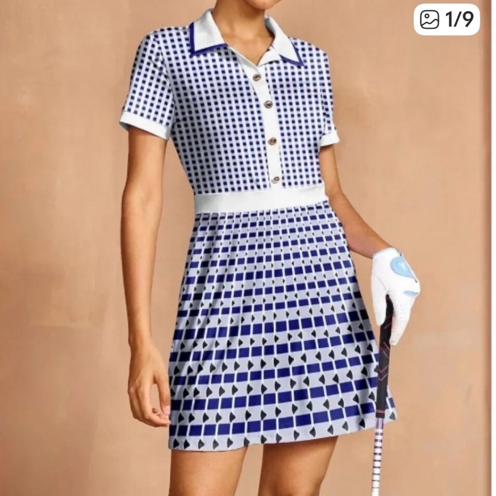 NWT Acegolf Blue and White Geometric Collared Mini Dress